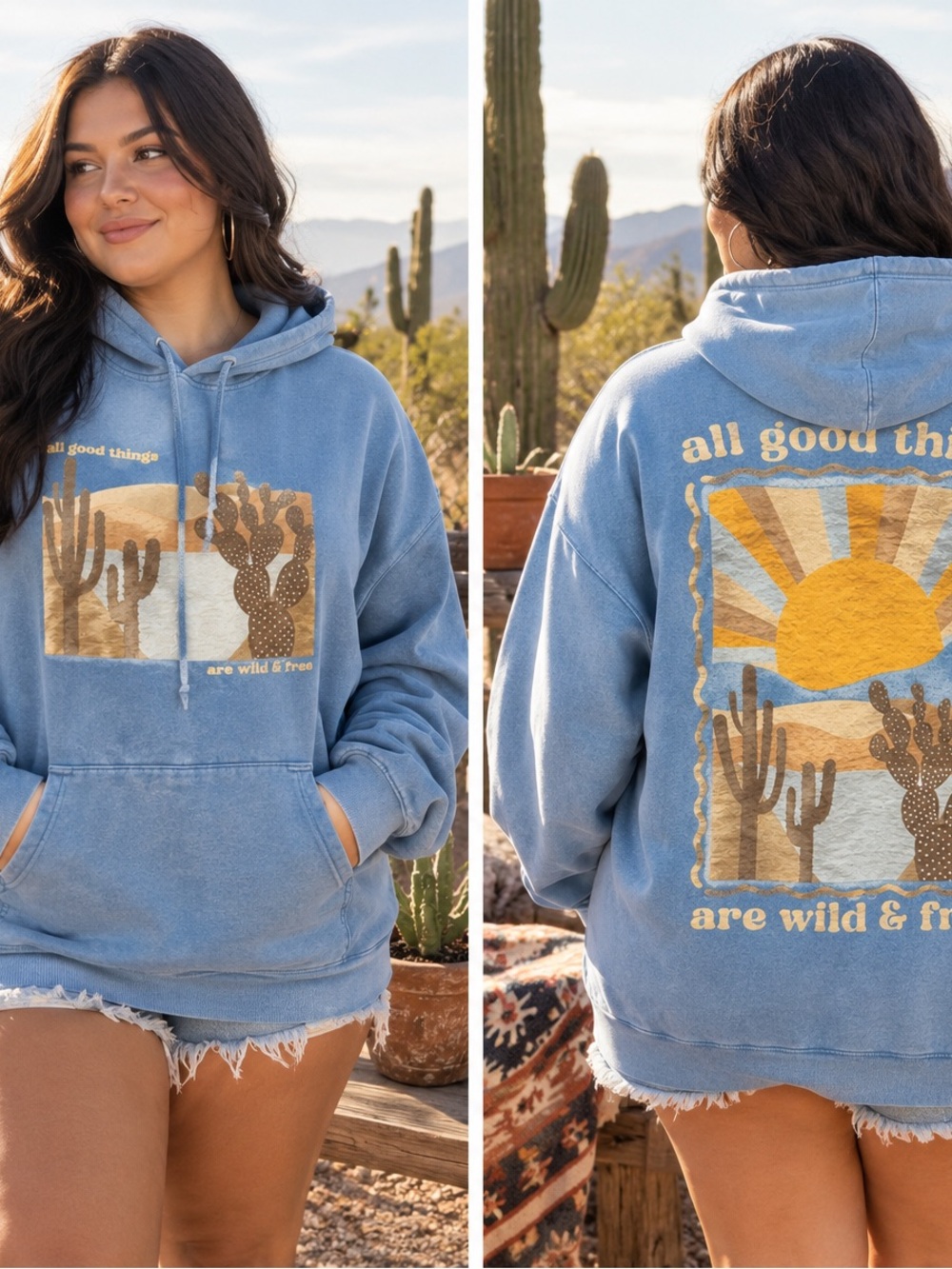 Blue Graphic Hoodie Sweatshirt - All Good Things Desert Print - Picture 1 of 9